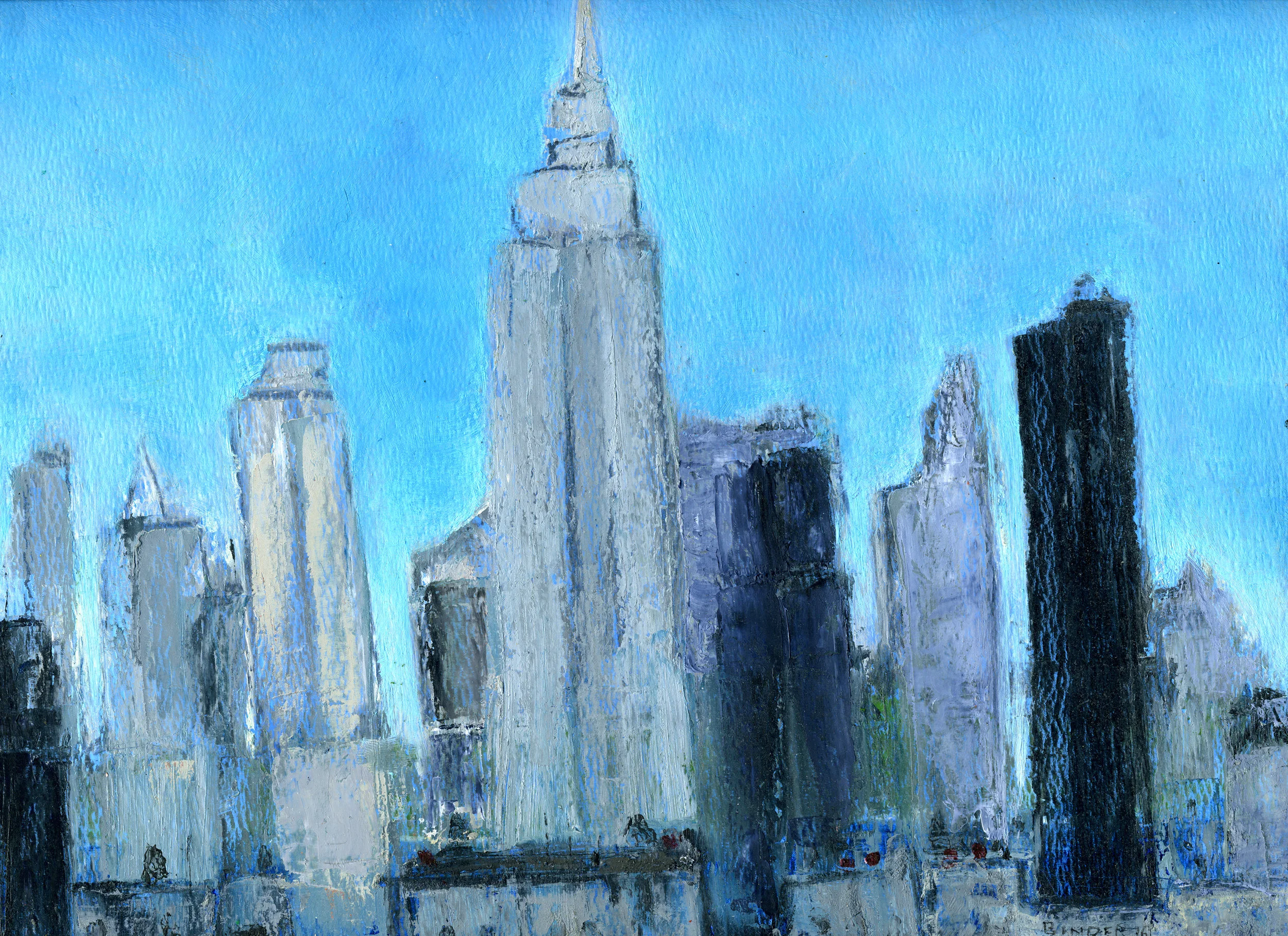 Midtown Skyline (NYC) Hand-worked monotype in oil 9” x 12” Click image to enlarge ⦿ Inquire