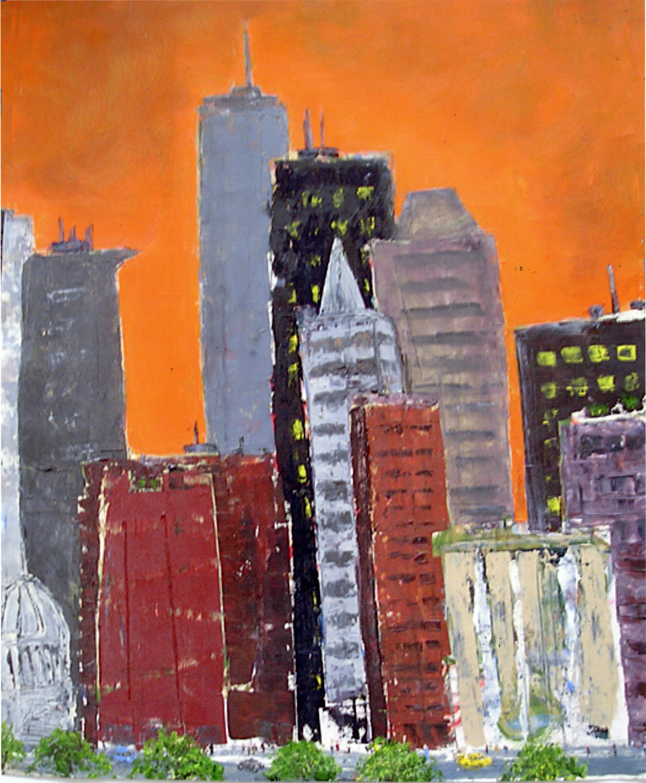 Towers in the City (Orange Sky) Oil on paper 26” x 20” Click image to enlarge ⦿ Inquire