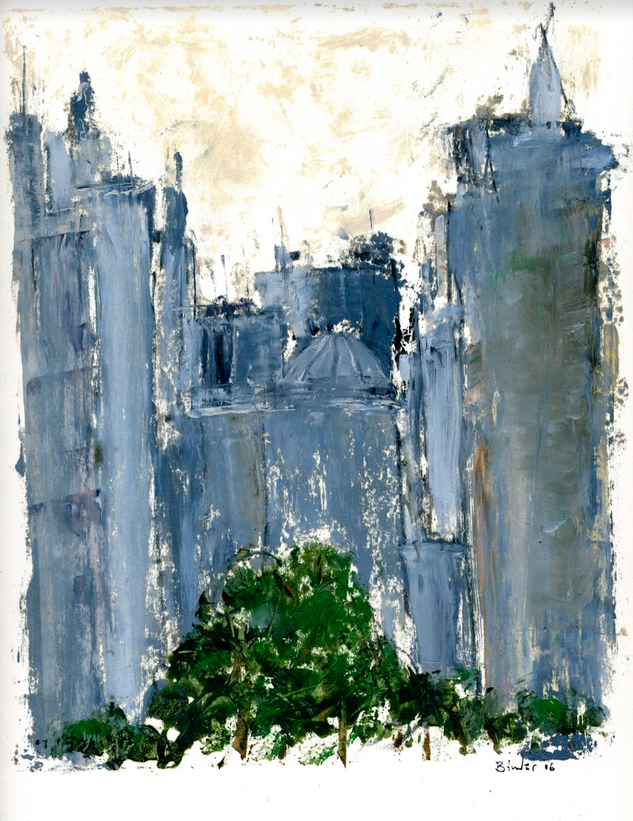 Sao Paulo Skyline Hand-worked monotype in oil 12” x 9” Click image to enlarge