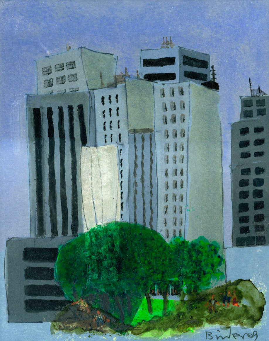 New York City Skyline (from Central Park) Oil paint on print, aluminum backing 11” x 14” Click image to enlarge