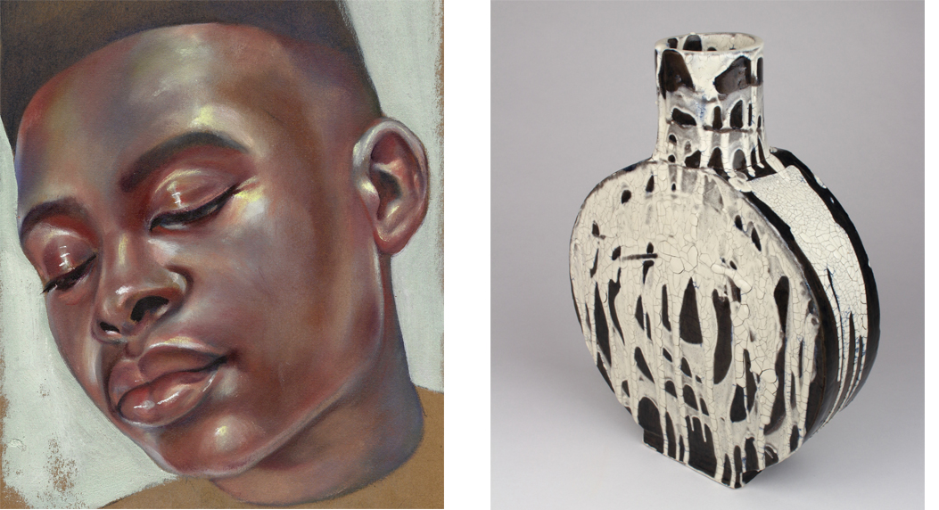 (Left) Glance , Nicole Ida Fossi. Oil on cardboard. (Right) Ceramic Vase , J.S. Herbert. Inquire.