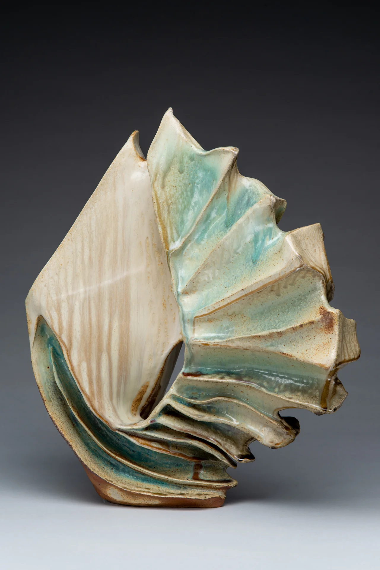 Essence II , Ceramic. Handbuilt from stoneware clay, sprayed glaze, wood fired to cone 10 in Noborigama kiln. 22” h x 20”w x 8”d. 2018.