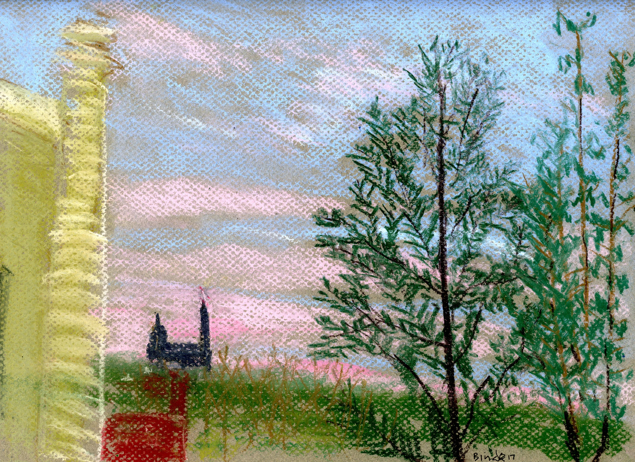 Sunset, Saturday in February Pastel on dark grey paper 9” x 12” Click image to enlarge ⦿ Inquire