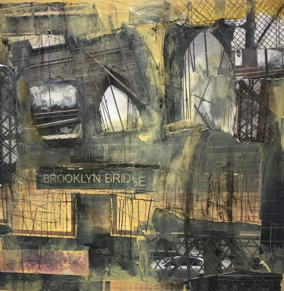 Brooklyn Bridge/City Hall Collaged photographs and mixed media on on panel board 16” x 16” x 2.5”