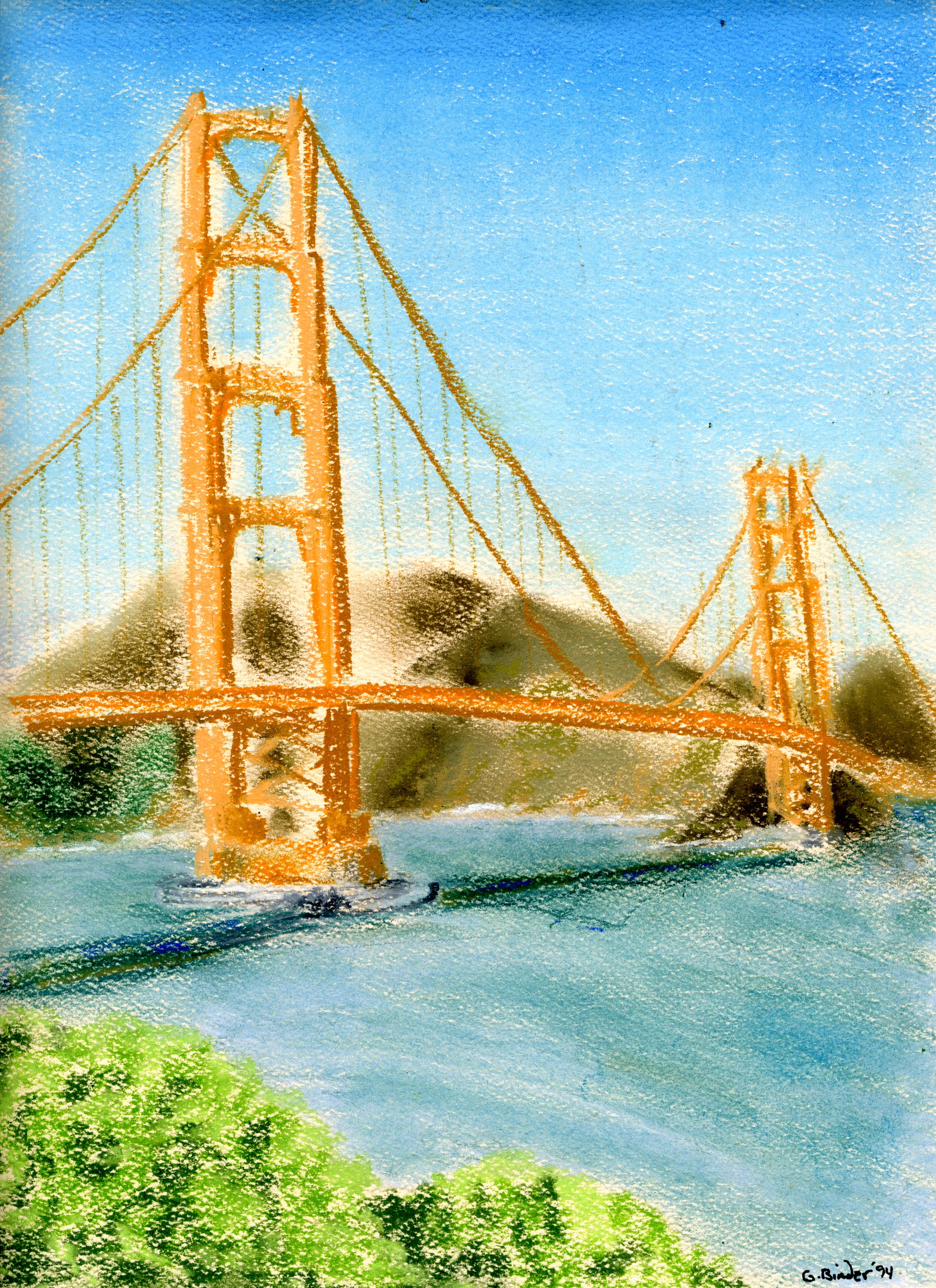 Golden Gate Bridge, Gordon Binder, pastel on beige paper, 12”x9”