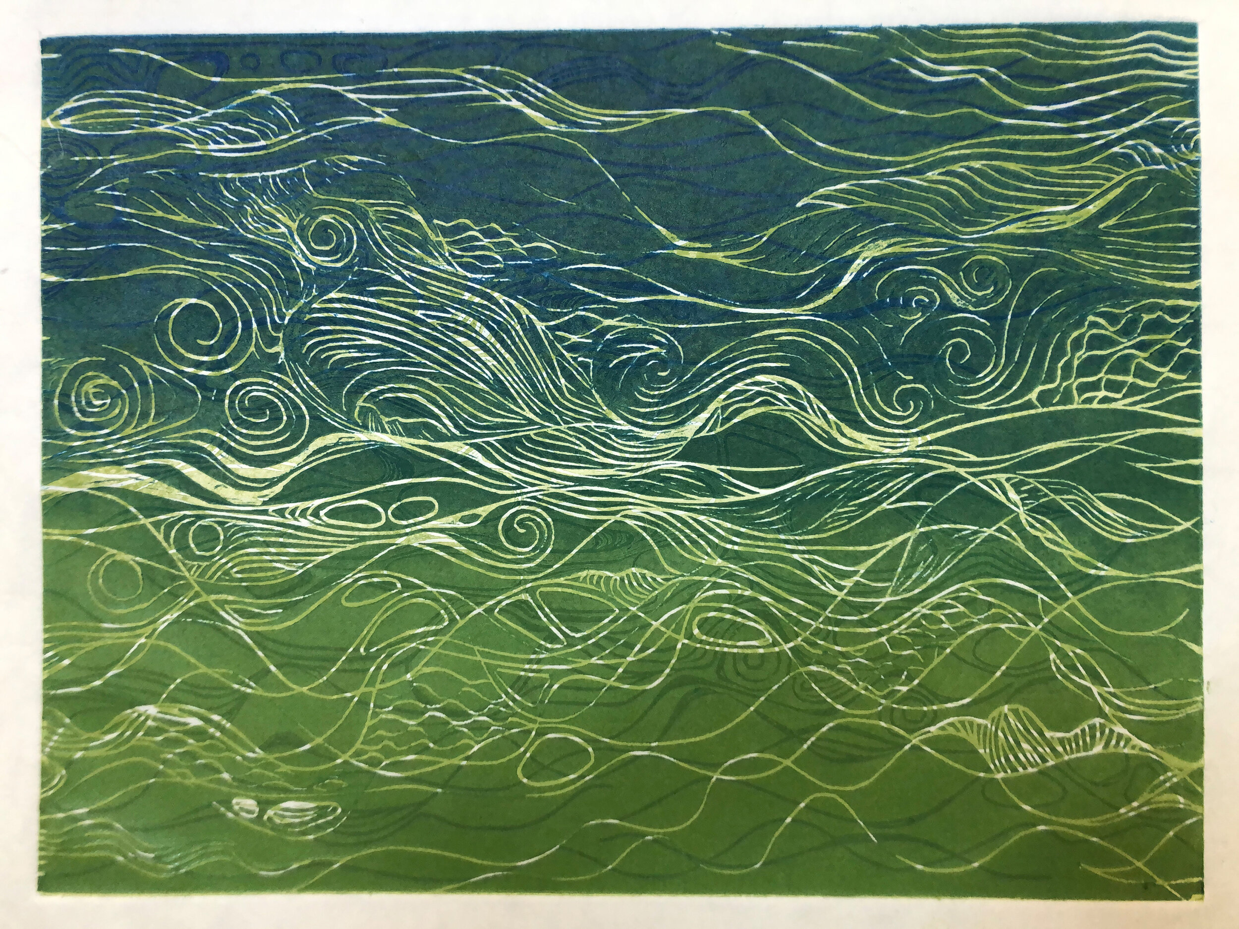 Water: Variations on a theme (1 of 9) Woodcut Prints 1, 2, and 3 block combinations 12” x 16” Click image to enlarge ⦿ Inquire
