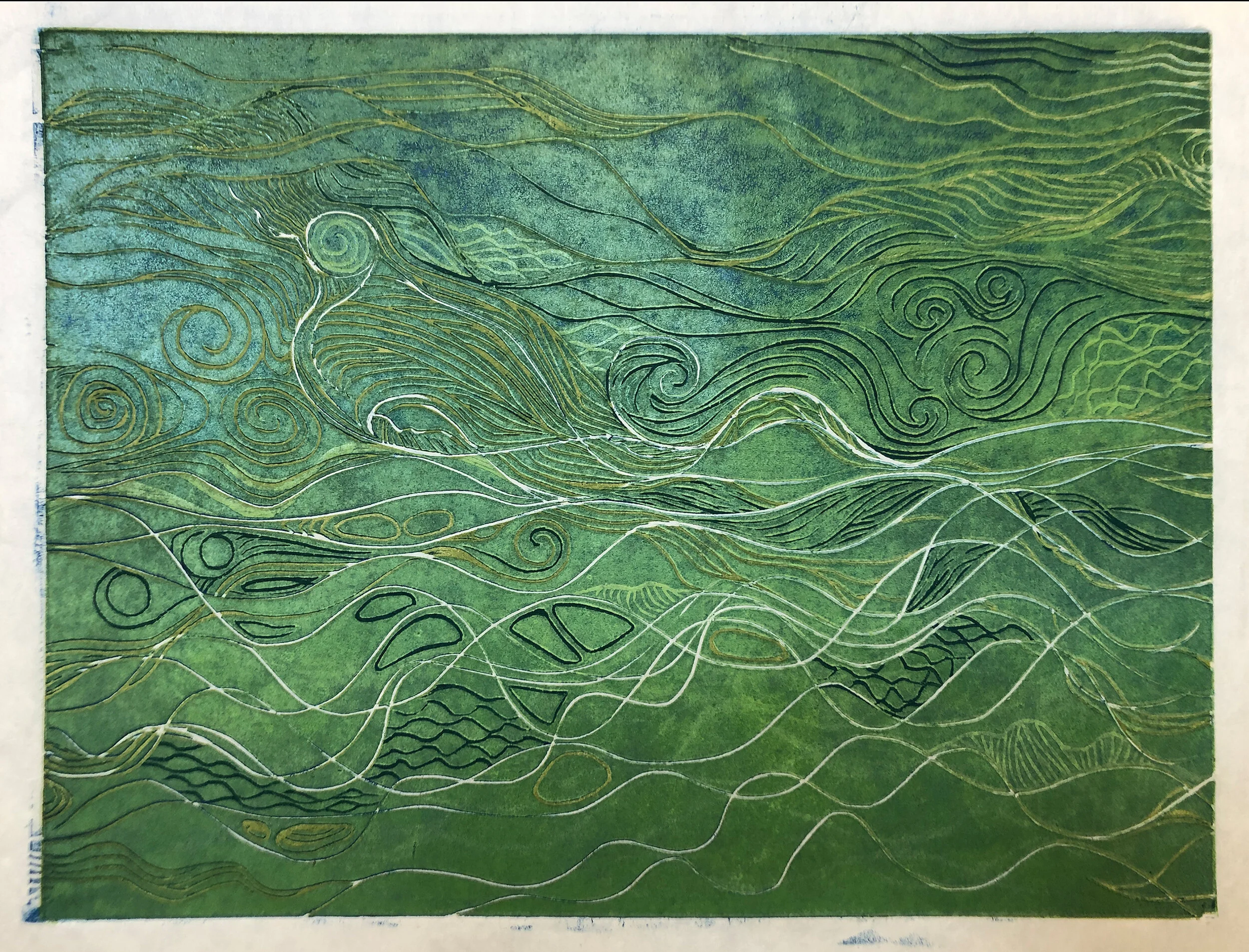 Water: Variations on a theme (3 of 9) Woodcut Prints 1, 2, and 3 block combinations 12” x 16” Click image to enlarge ⦿ Inquire