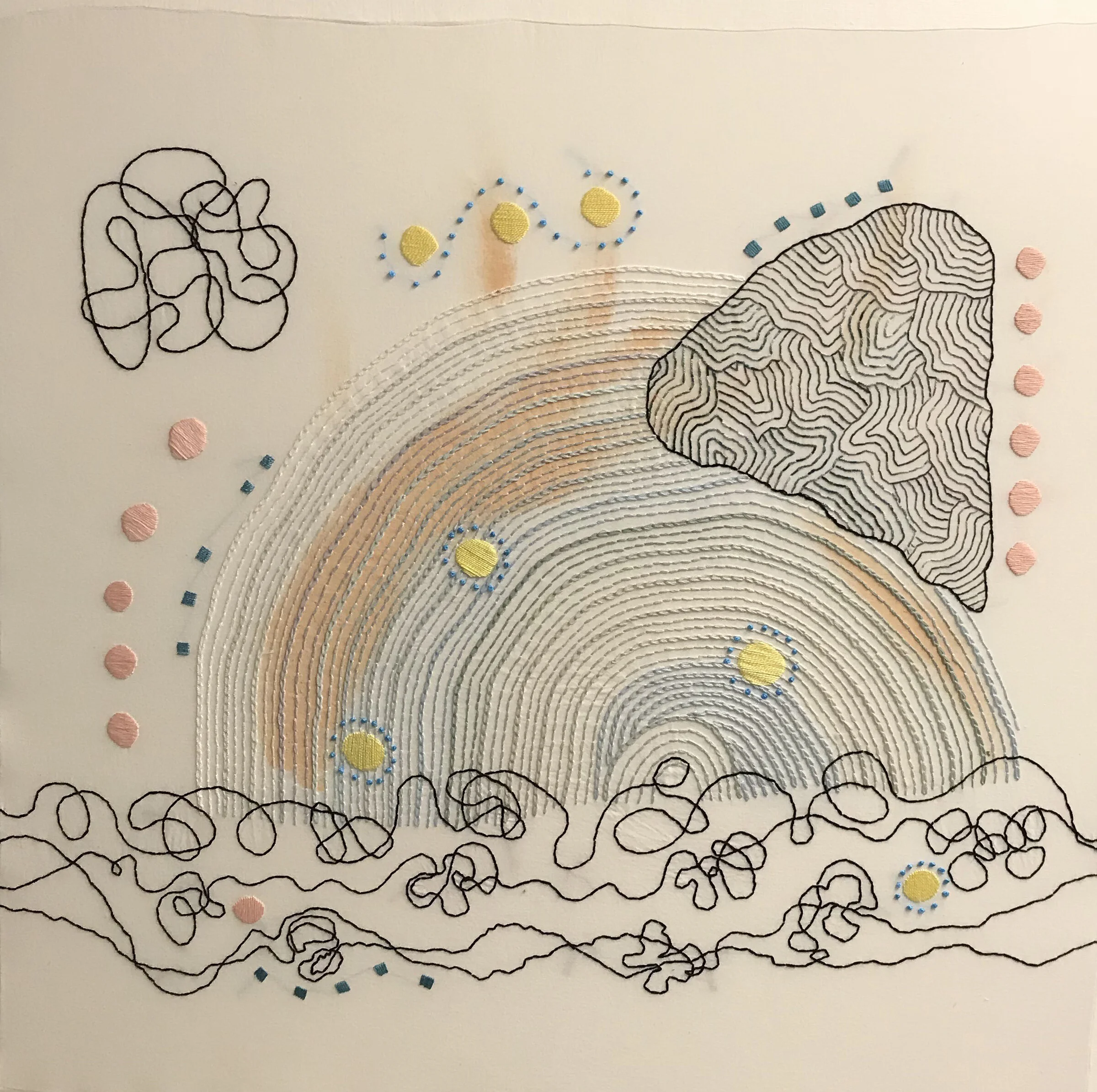 Escape the Universe, cloth and thread, 30 x 30 in