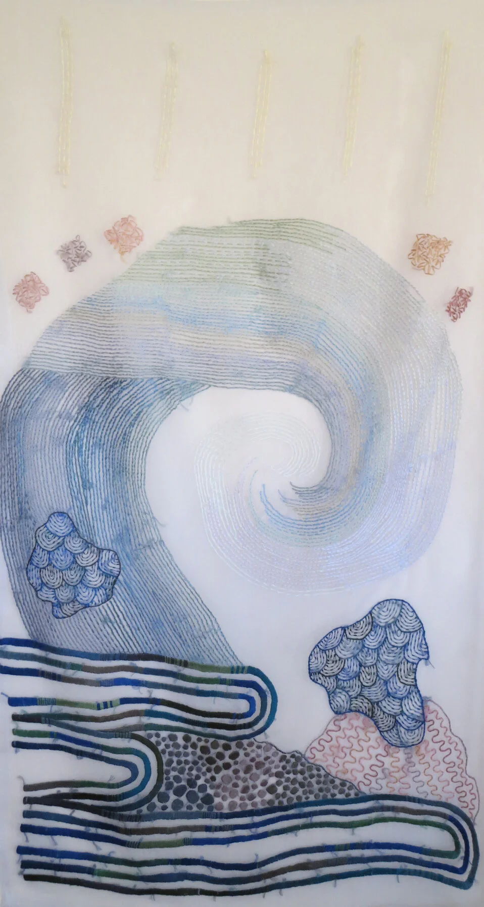 Luminous Dancing Wave Explodes , cloth and thread, 50 x 25 in