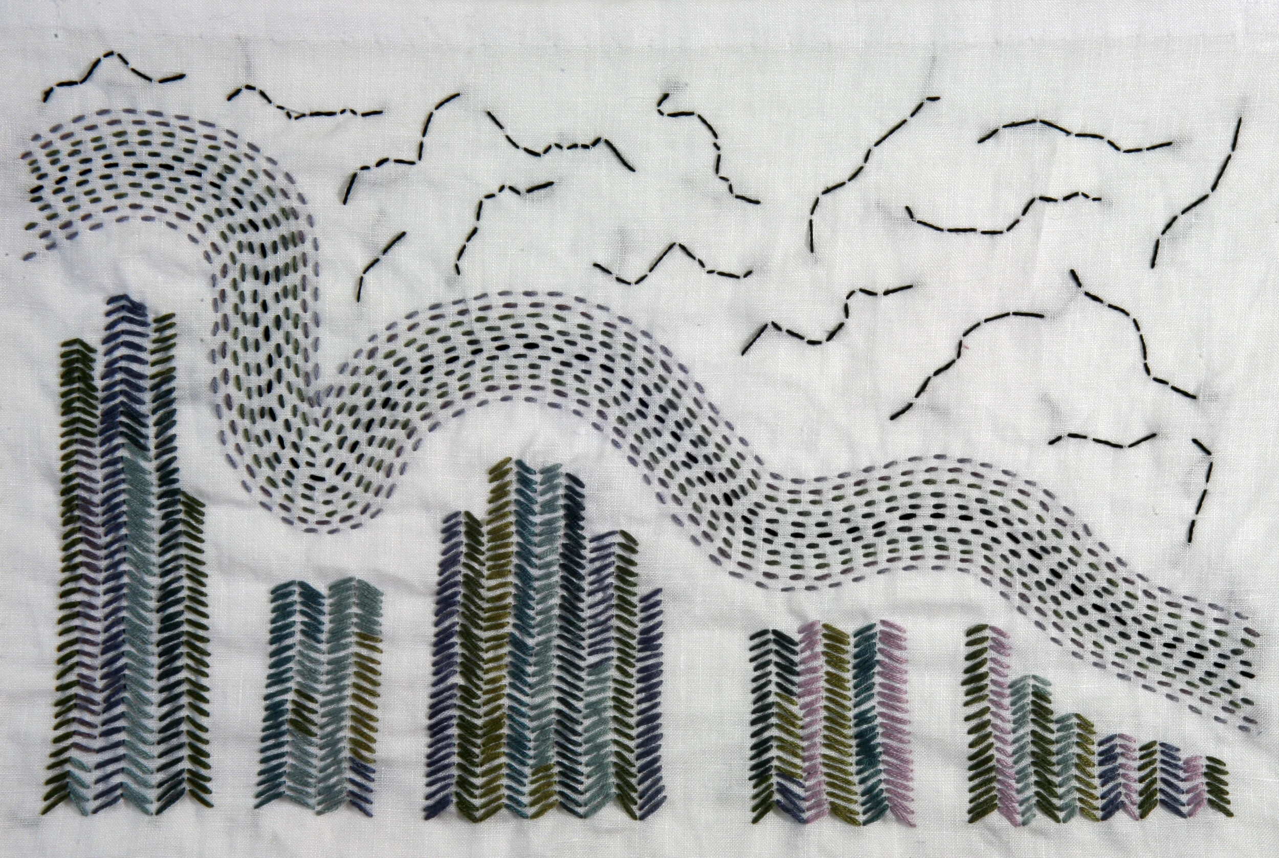 Winged Acrobats , cloth and thread, 10.5 x 15.5 in