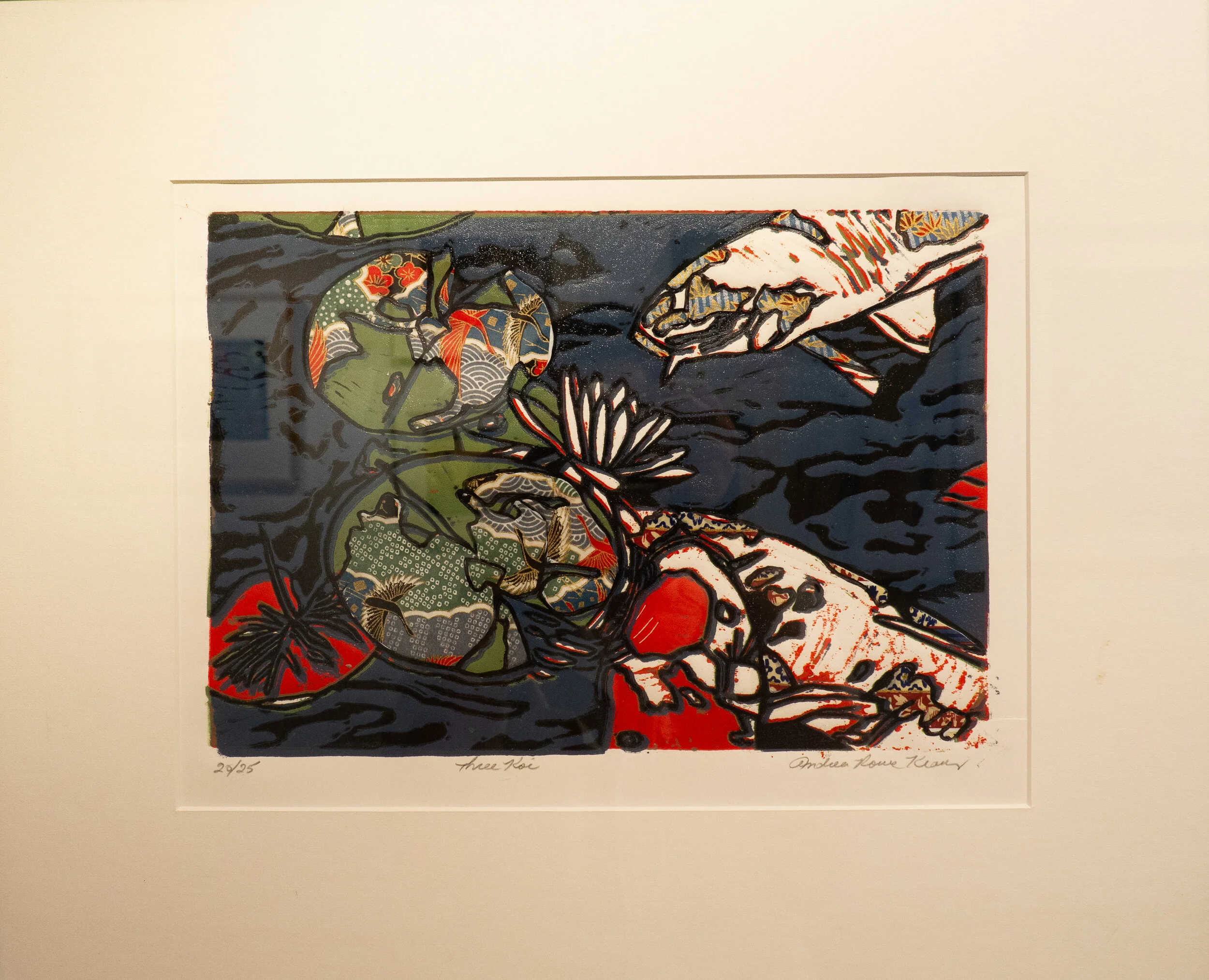 Three Koi Andrea Rowe Kraus Linocut and collage with washi paper Click image to enlarge ⦿ Inquire