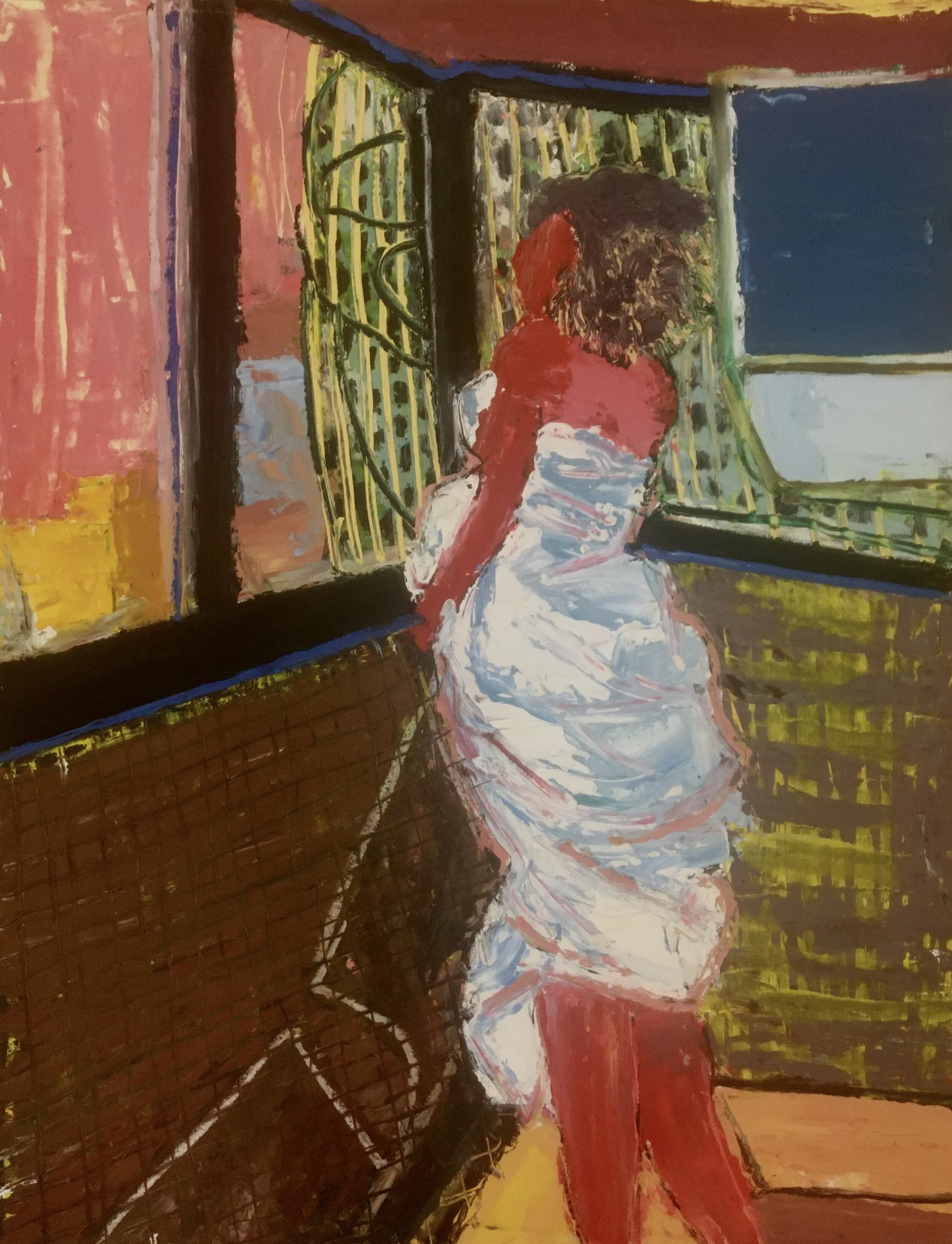 Women Looking Out Hotel Window Shawn Lindsay Oil on Paper 22 x 32 in Click image to enlarge ⦿ Inquire