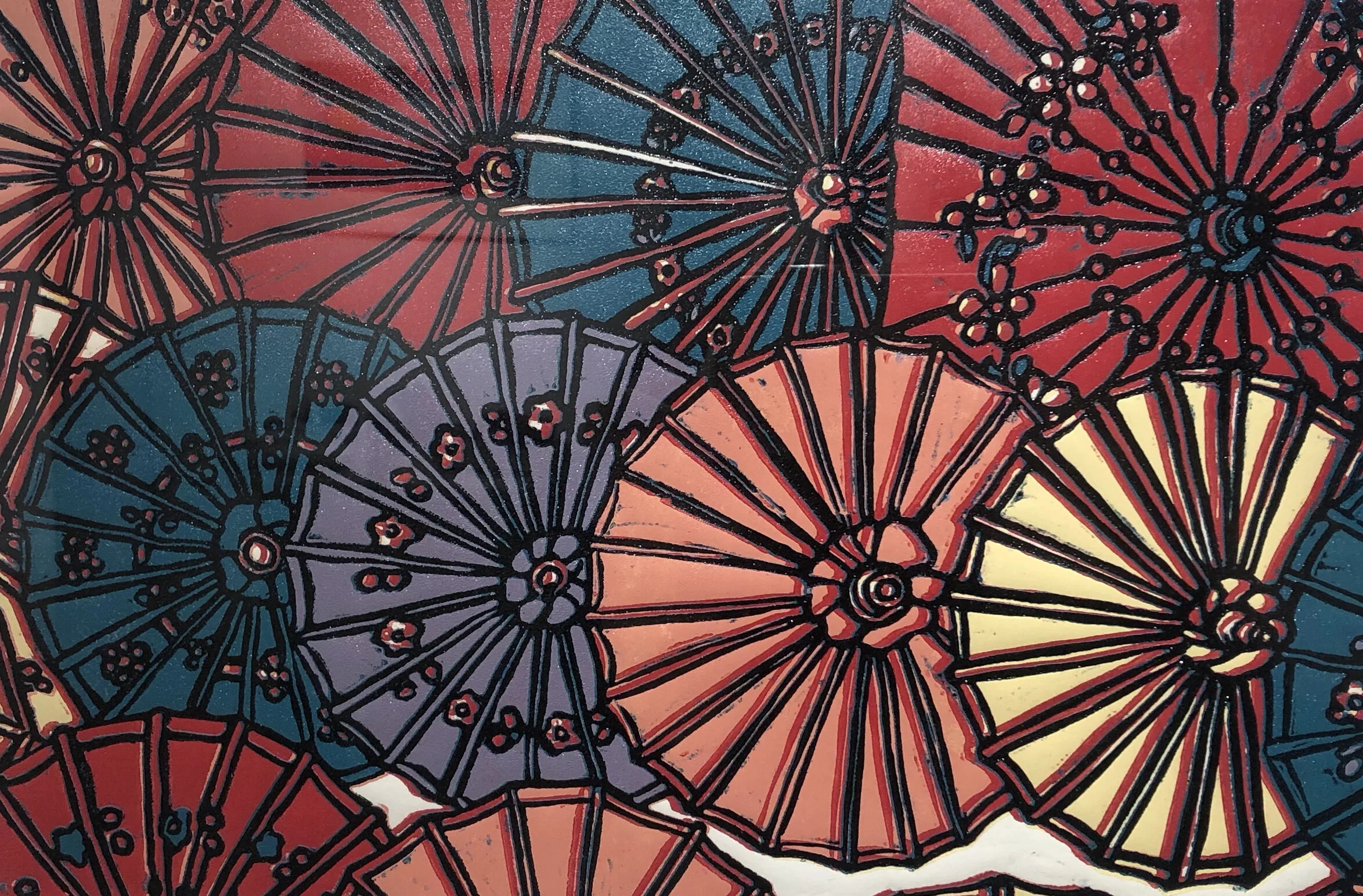 Paper parasols - Myanmar Andrea Rowe Kraus Reduction Lino print 20 x 17 in. Click image to enlarge ⦿ Inquire