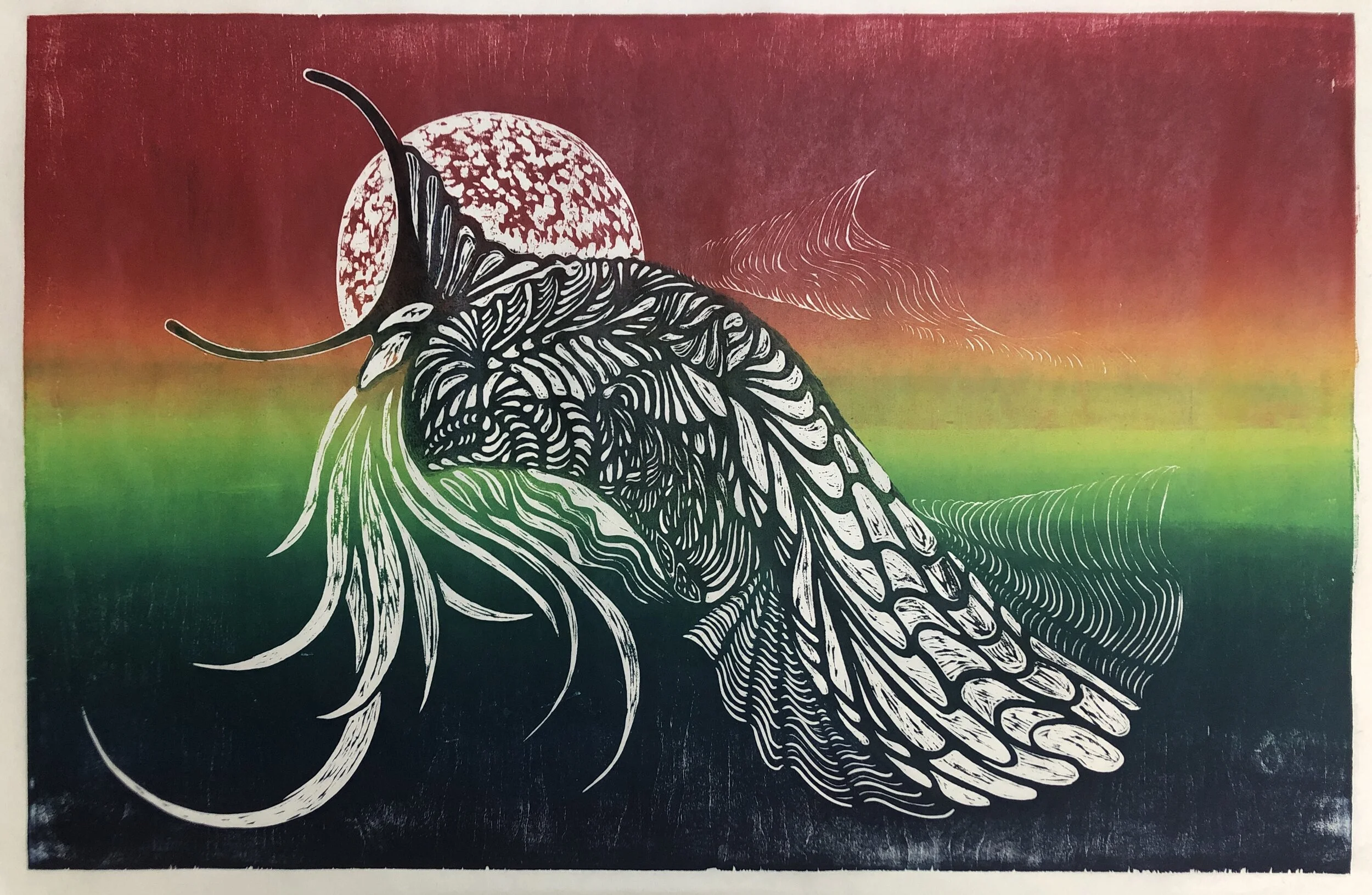 Eos Carolee Jakes Hand-carved woodblock print, selectively inked Number 1 of 4 Edition of 4 available 22 x 34 in. Click image to enlarge ⦿ Inquire