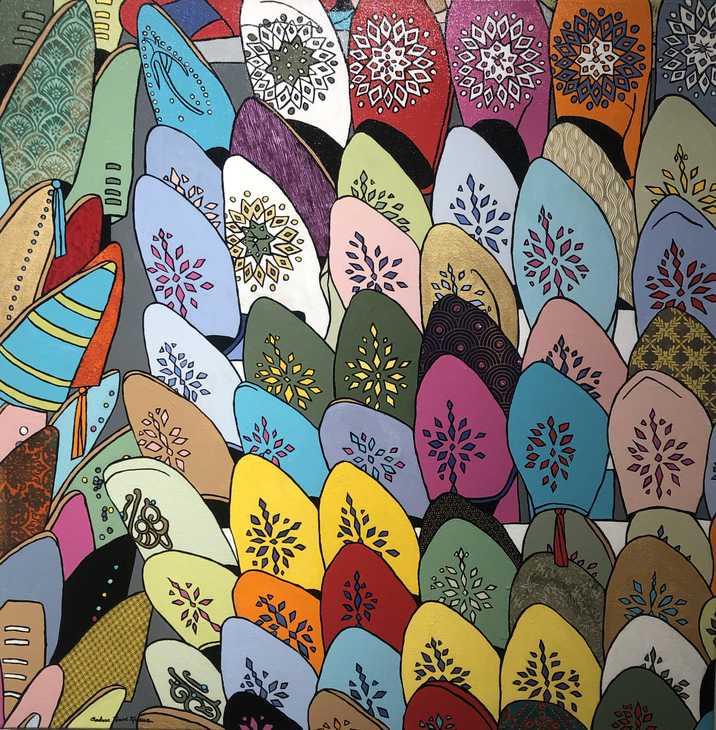 Moroccan Slippers Andrea Rowe Kraus Acrylic / Collage  30 x 30 in. Click image to enlarge ⦿ Inquire