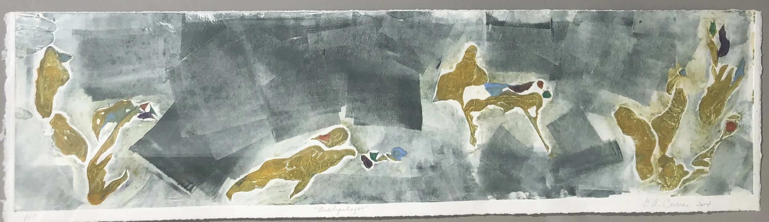 Deer Isle Archipelago Elizabeth Curren Monoprint with collograph plate 9 x 26 in. framed Click image to enlarge ⦿ Inquire