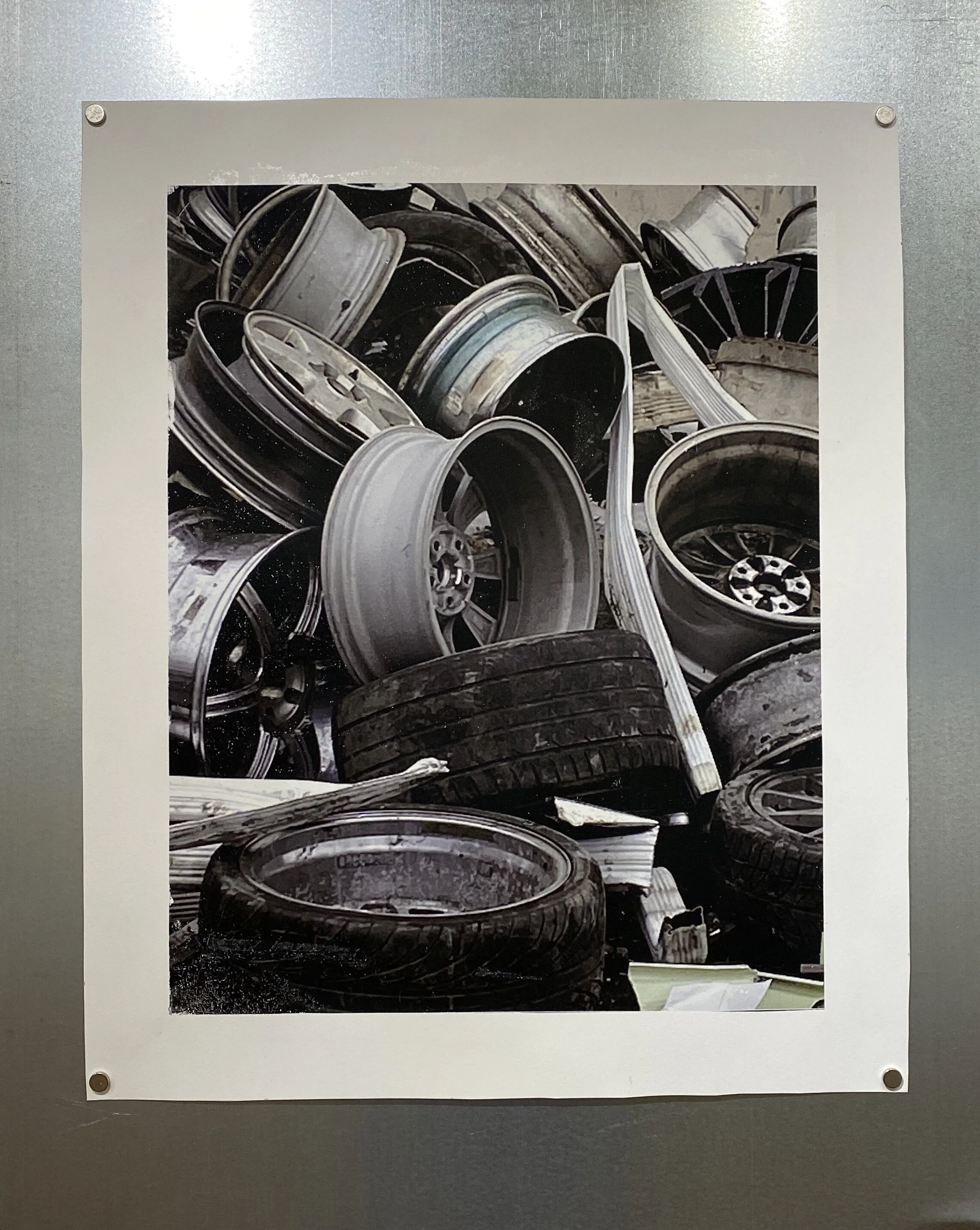 The wheels on the bus go… Mixed media photo transfer 17 1/2 x 18 in. (30 x 24 in. framed) Click image to enlarge ⦿ Inquire