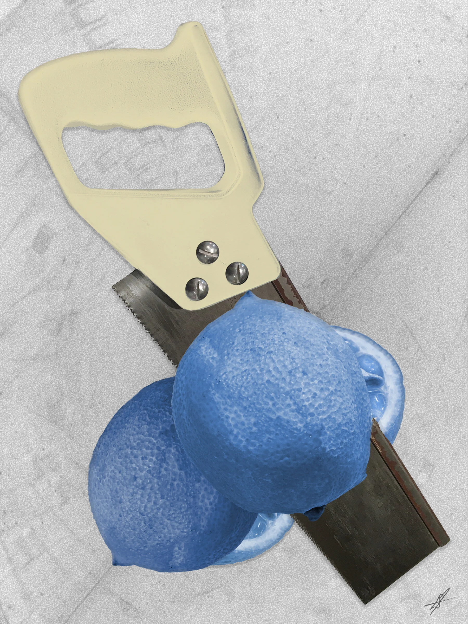 Fraught Fruit - Sawed Langley Spurlock Digital Photocollage Direct Impression Print [edition of 5] on Aluminum 16 x 12 in. $275 each Multiples $250 each Click image to enlarge ⦿ Inquire