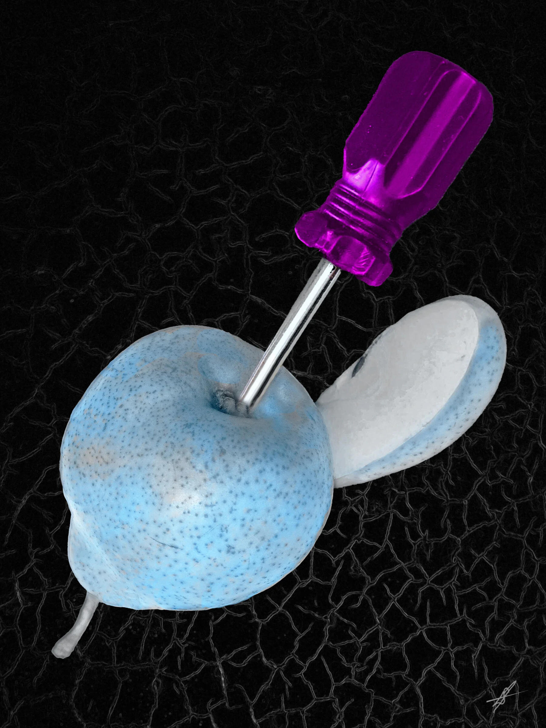 Fraught Fruit - Unscrewed Langley Spurlock Digital Photocollage Direct Impression Print [edition of 5] on Aluminum 16 x 12 in. $275 each Multiples $250 each Click image to enlarge ⦿ Inquire