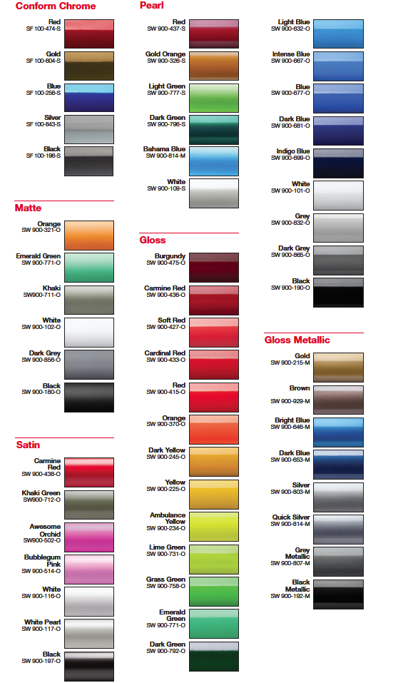 Vinyl Wrap Colors Chart