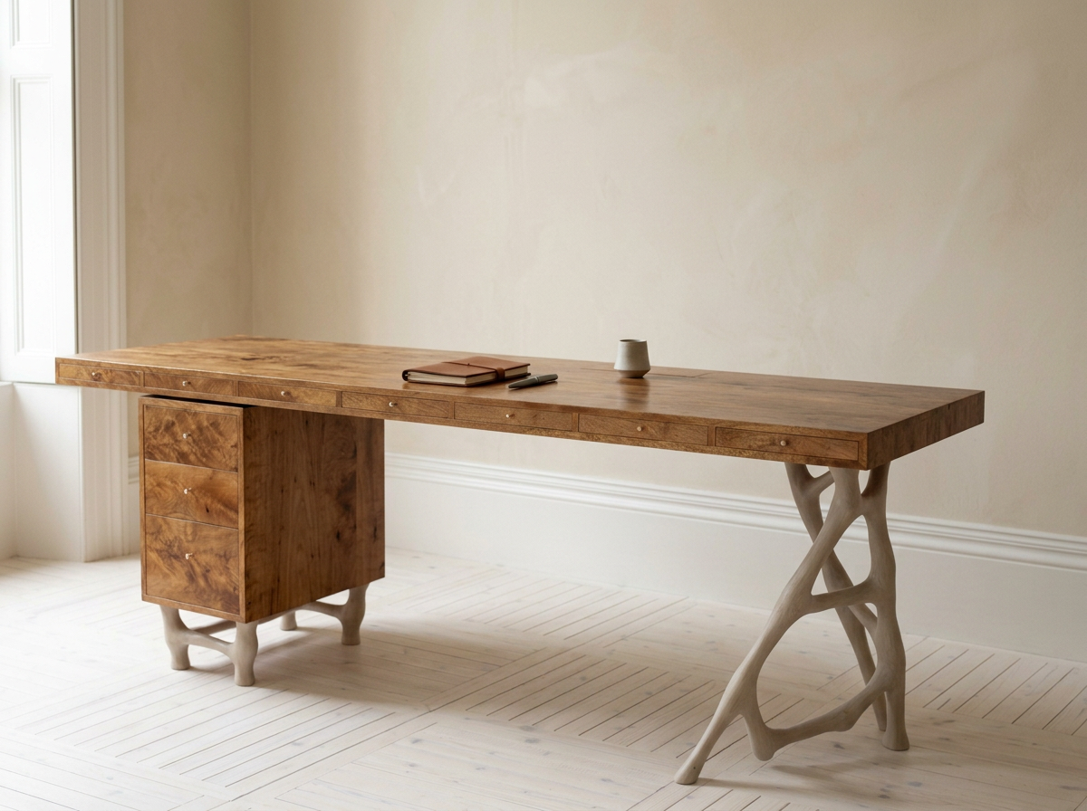 Wooden desk with a curved gray base, a small chest of drawers on the left, and items on top including a notebook, pen, and small white cup, in a well-lit room with white walls and light-colored floor.