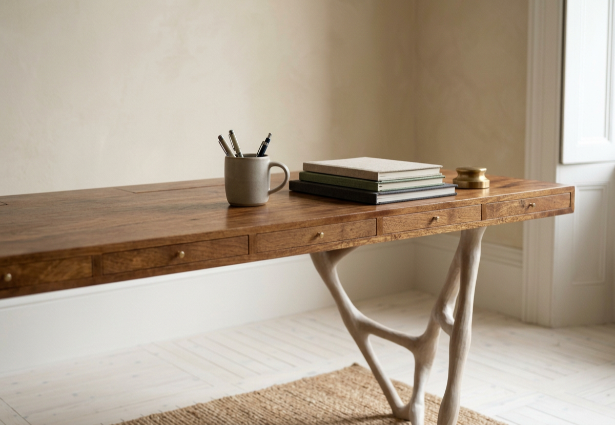 A wooden desk with a natural, curved leg design, placed in a room with a light-colored wall and carpet. On the desk, there is a ceramic mug filled with pens, a stack of books or notebooks, and a small brass or gold-colored decorative object.