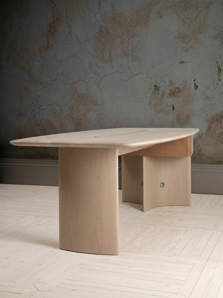 A minimalist wooden table with a smooth, rounded, elongated oval top and curved supports, set against a textured, weathered wall.