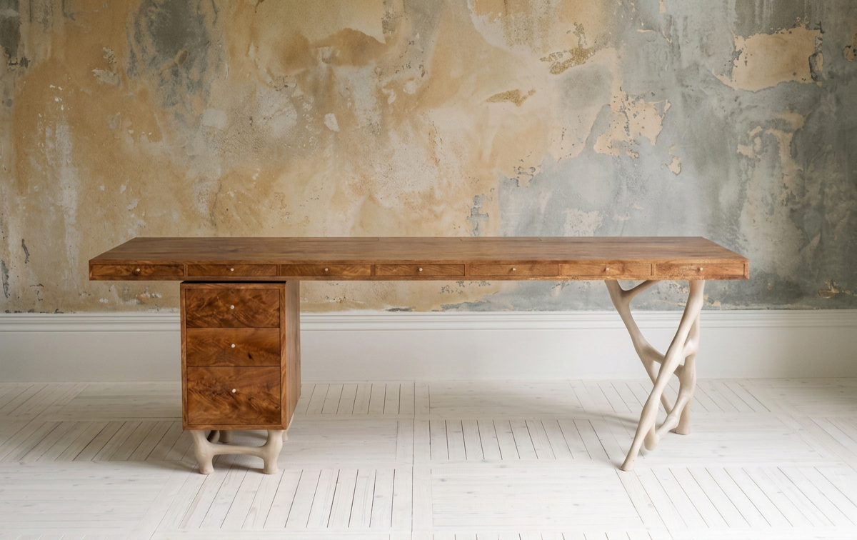 A wooden desk with natural branch-like legs and a small rolling drawer unit against a textured, aged wall.