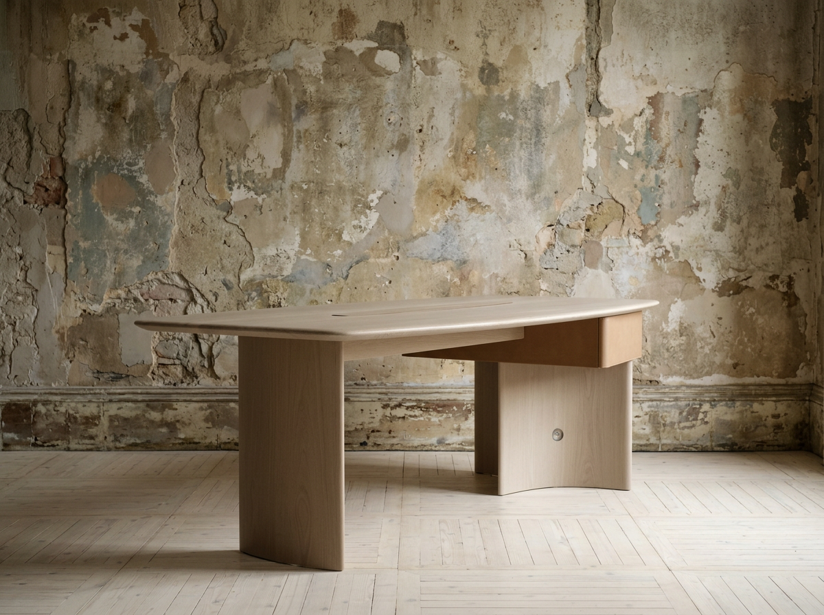A modern, minimalist wooden table with curved edges, placed against a distressed, peeling wall in an empty room with light-colored wooden floors.