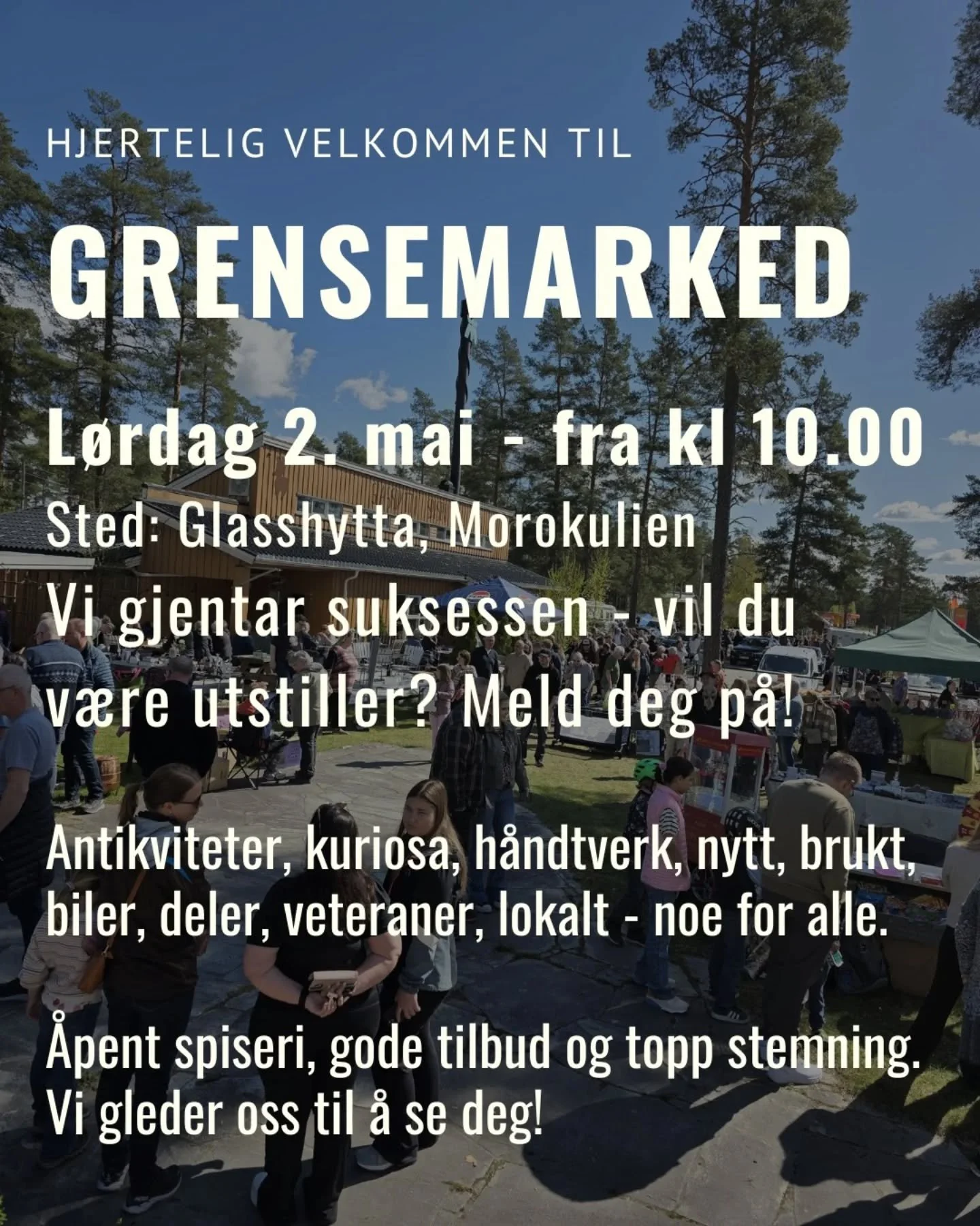 Velkommen til Grensemarked l&oslash;rdag 2. Mai! ✨️😍

- For &aring; samle, ha det g&oslash;y og &aring; skape liv og r&oslash;re i grenseland! 🤩

Stille ut? 🌞
www.grensemarked.no