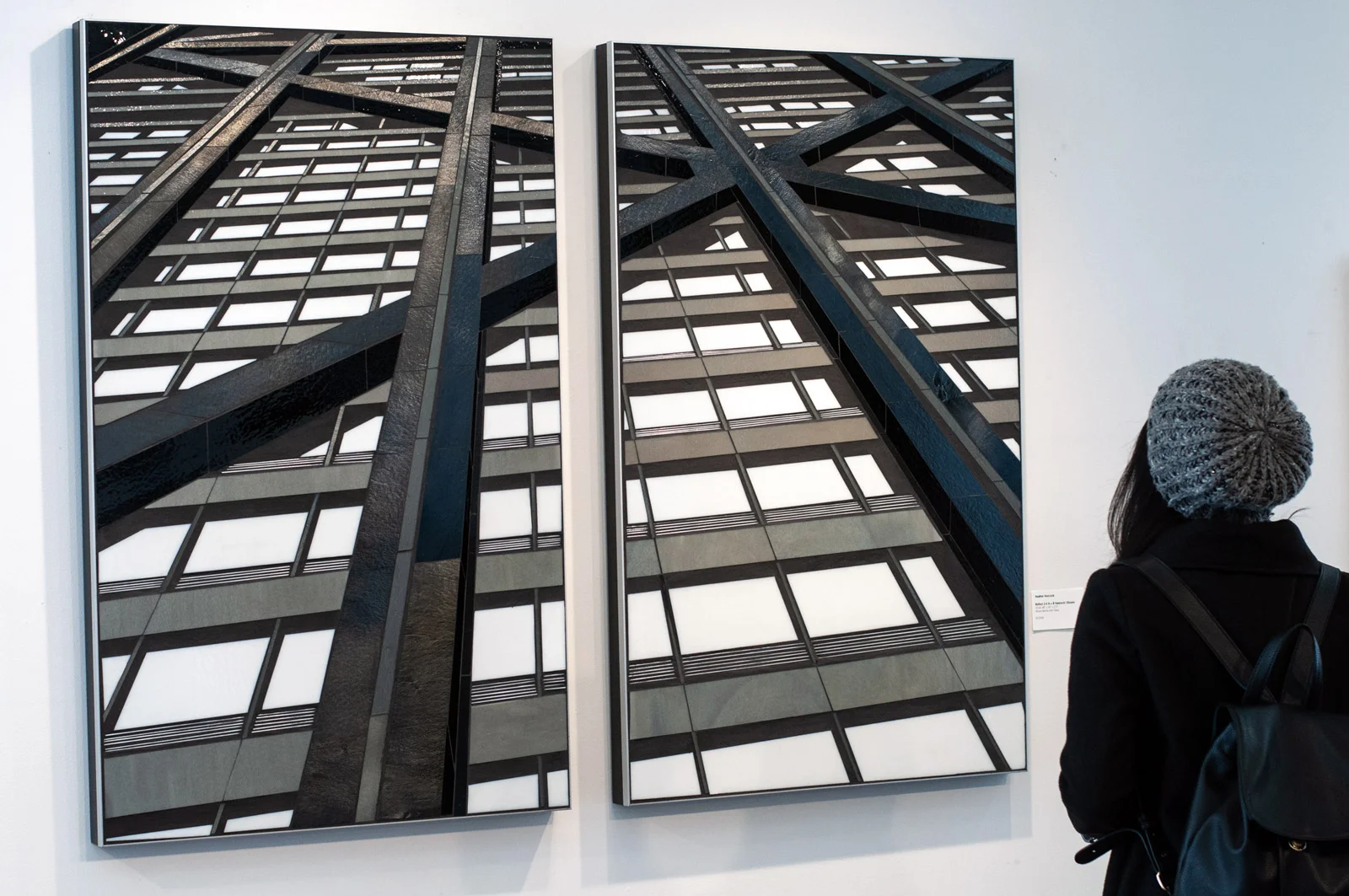 Heather Hancock finds natural forms in the facades of our “urban mountains” as inspiration for her mixed-media pieces. Reflect 3.4a+b hancock | beams mixed media with glass 30" x 48" c Heather Hancock 2018