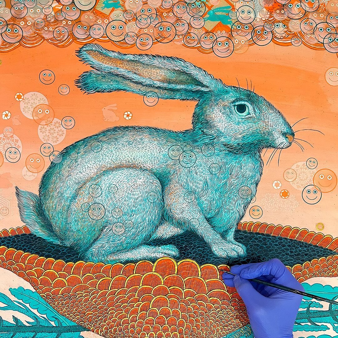 Happy Easter, Happy Passover and a nice Sunday/Monday to humanity. Painting in progress with a synthetic rabbit upon an AI flowering node with dreams of new technological possibilities for all. Acrylic on canvas, 74 x 60 inches

#rabbit #flowerpainti