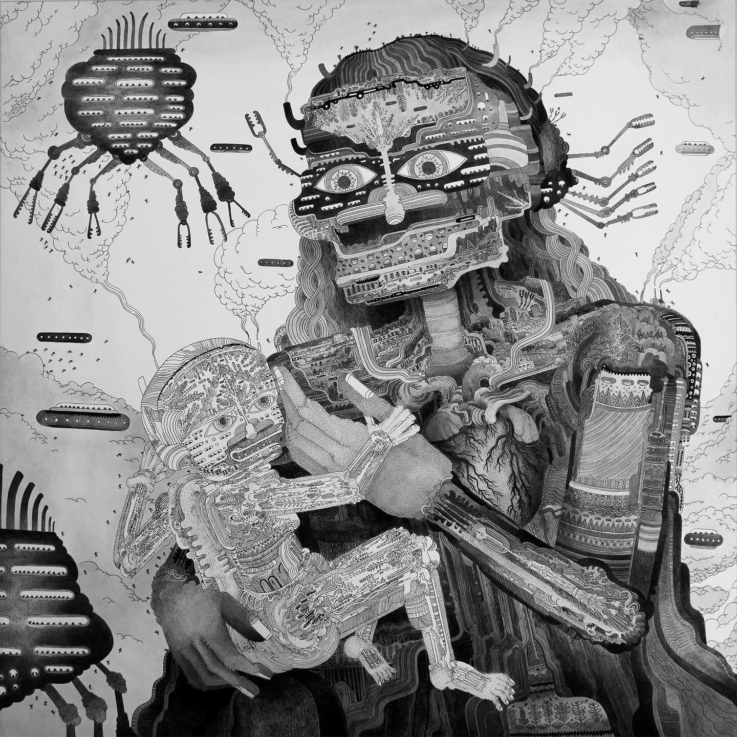Drawn and painted about 8 years ago from dreams about A.I., robotics, and nanobots. Also inspired by &lsquo;Mother with child&rsquo; historical artworks.&nbsp;&nbsp;

Mothership, 30 x 30 in. India Ink on Arches paper, 2015. Procreating and opening lo