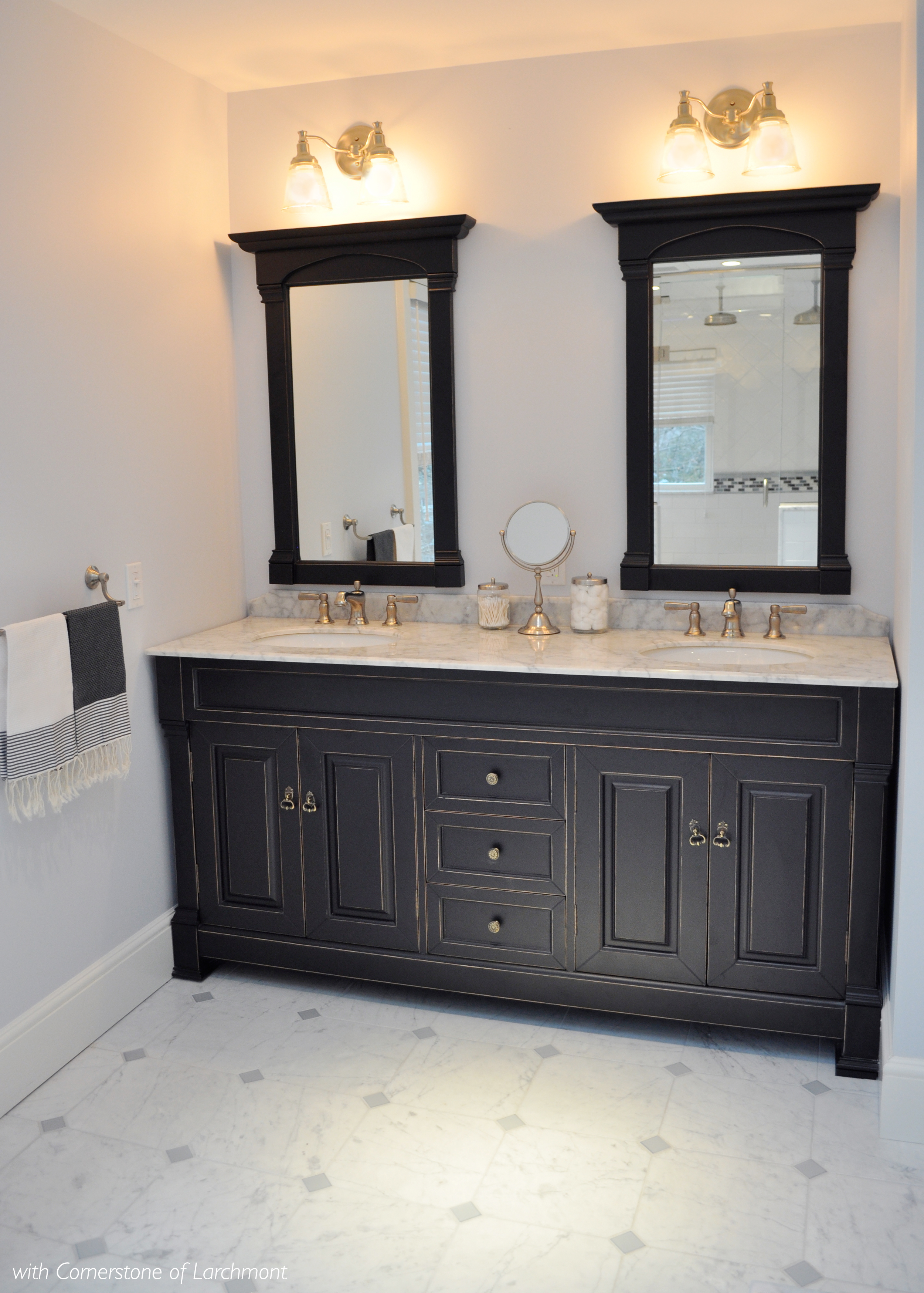 Kim Annick Mitchell_Interior Designer_Master Bathroom_Antique Black Double Vanity_Marble Tile Flooring.jpg