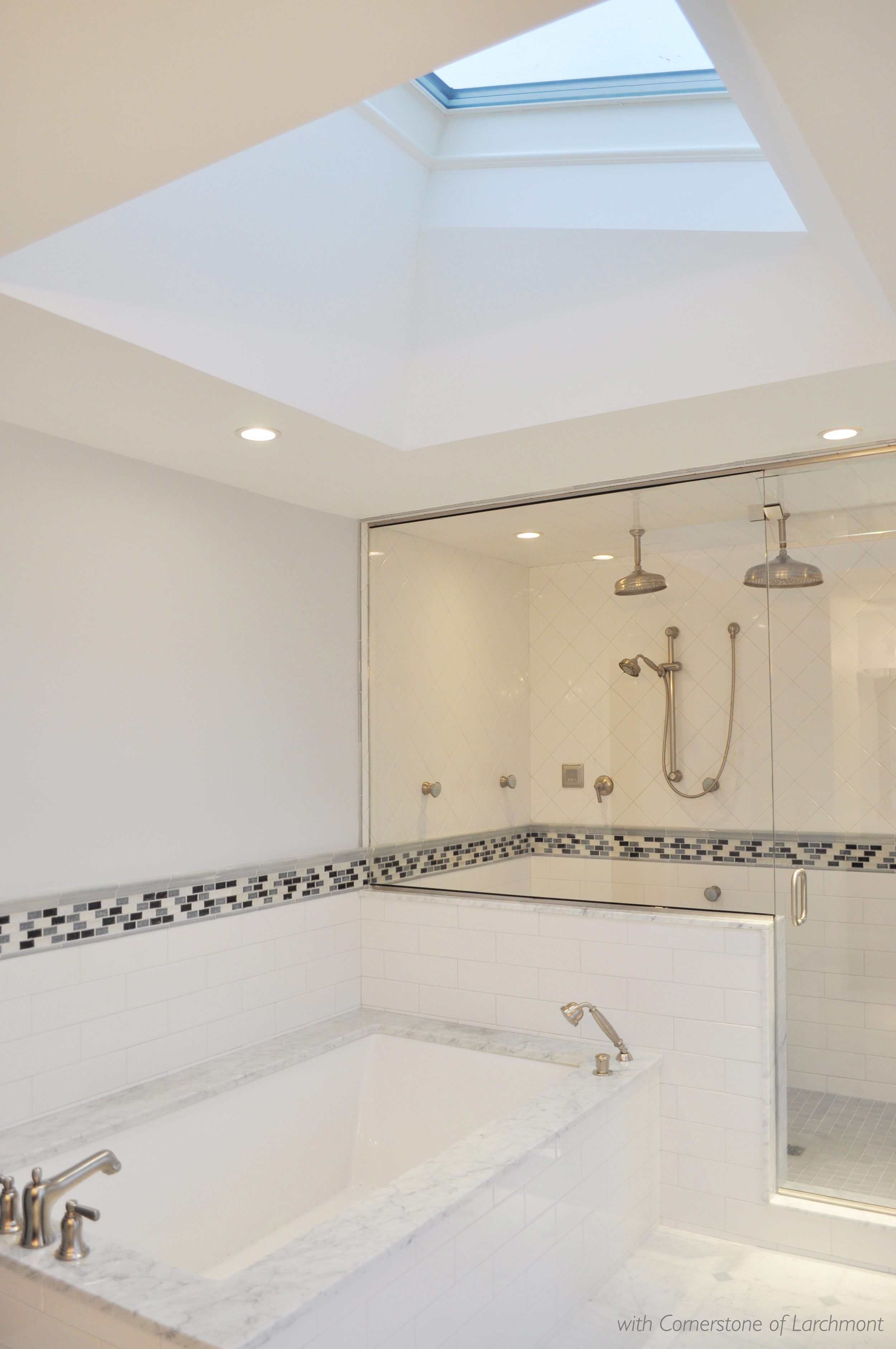 Kim Annick Mitchell_Interior Designer_Master Bathroom_Marble Surround Tub_ Glass Mosaic Tile Chair Rail Detail_Steam Shower_Skylight.jpg