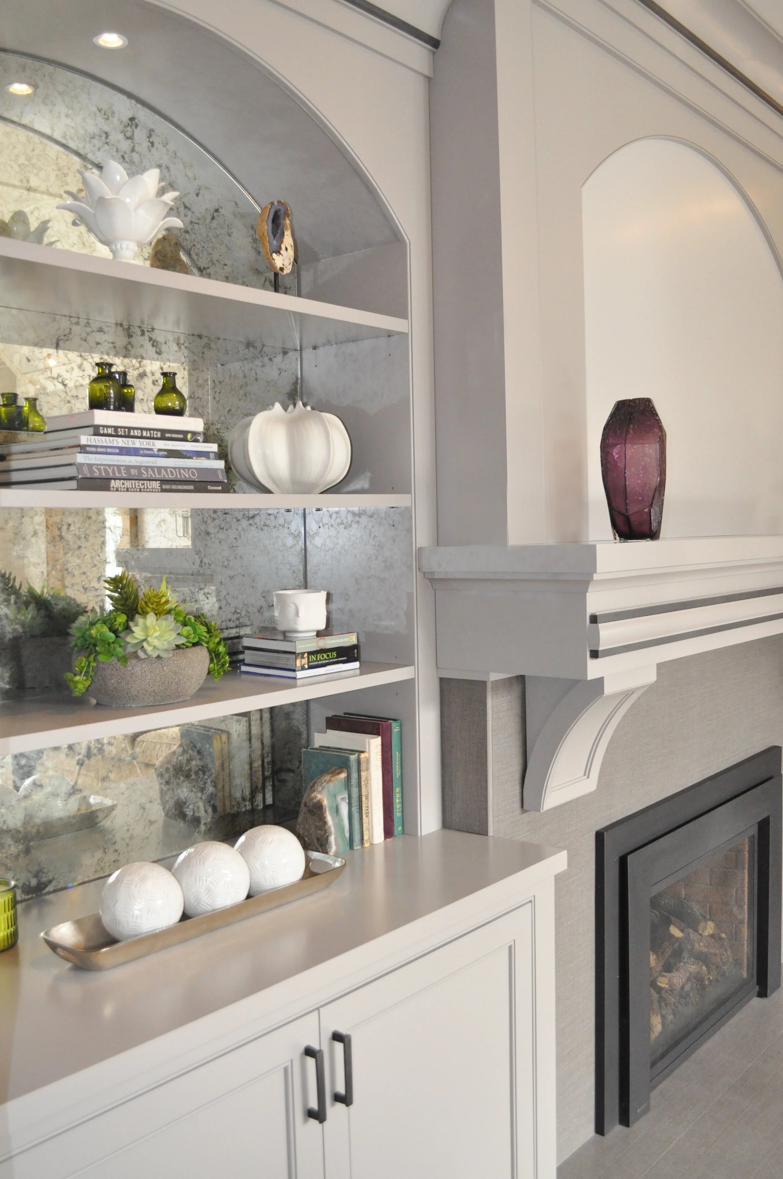 KAM DESIGN_Interior Designer Kim A Mitchell_Larchmont NY Family Room_Custom Gray Shelving with Antique Mirror Back_Custom Overmantel_2016.jpg