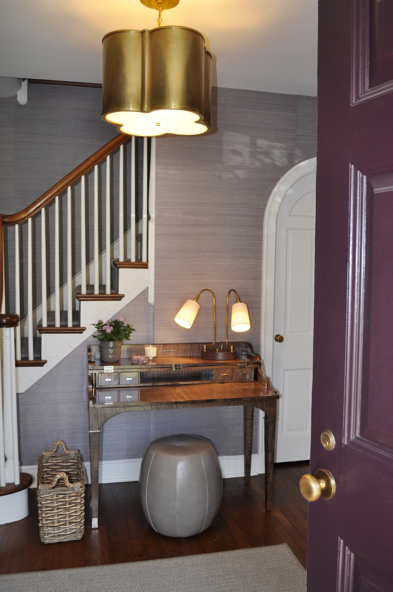 Foyer_Plum+Front+Door_Phillip+Jeffries+Hudson+Haze+Grasscloth+Wallcovering_Entry+Desk_Ballard+Design+Leather+Pouf_Interior+Designer+Kim+A+Mitchell_KAM+DESIGN_2016.jpg