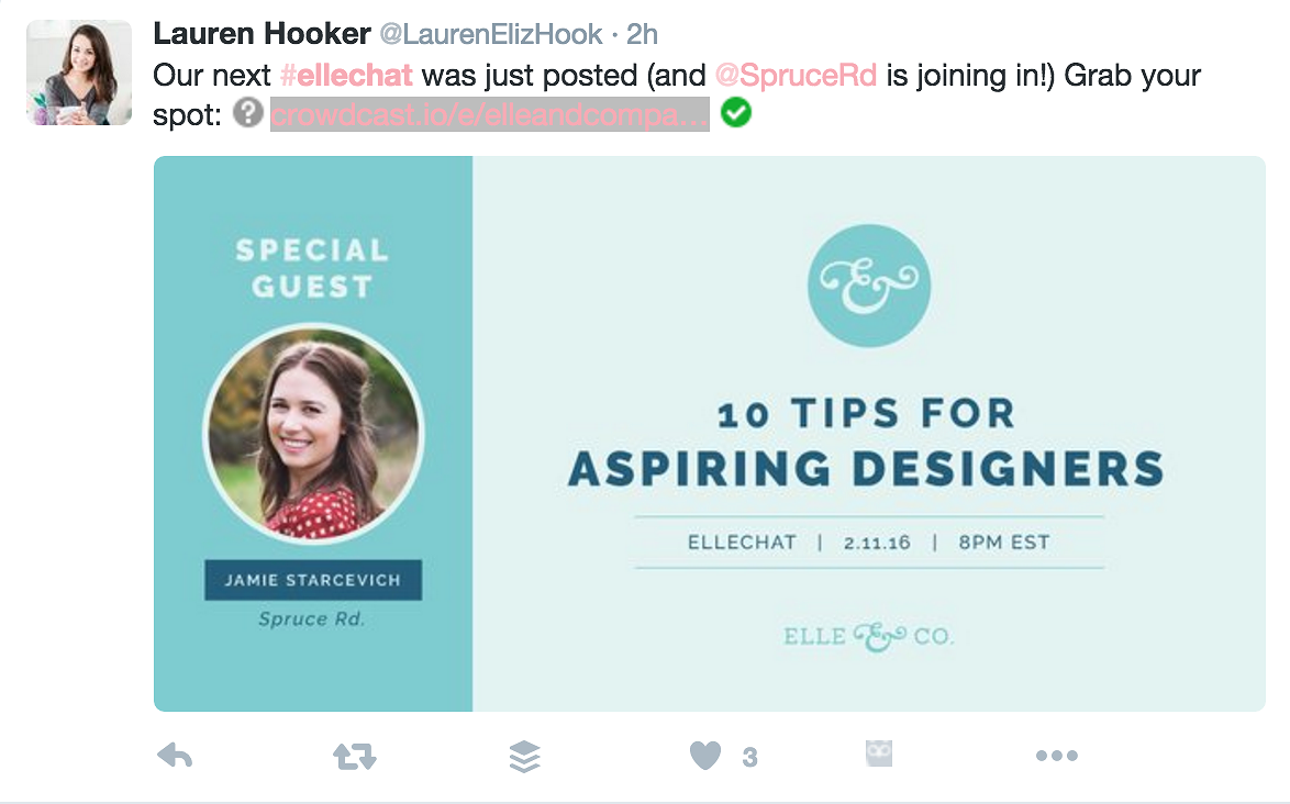 Twitter screenshot: weekly twitter chat (#ellechat) hosted by lauren hooker with elle & company
