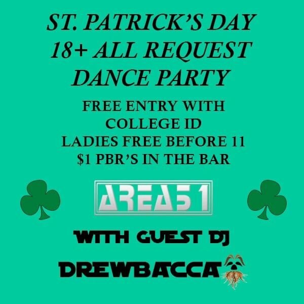 Come celebrate St. Patrick's Day at @clubarea51slc's 18+ All Request Dance Party tonight! I'll be mixing music videos from 9:00 PM - 2:00 AM! Wear green to get in FREE before 10:00! Ladies get in FREE before 11:00! Show your college ID and get in FRE