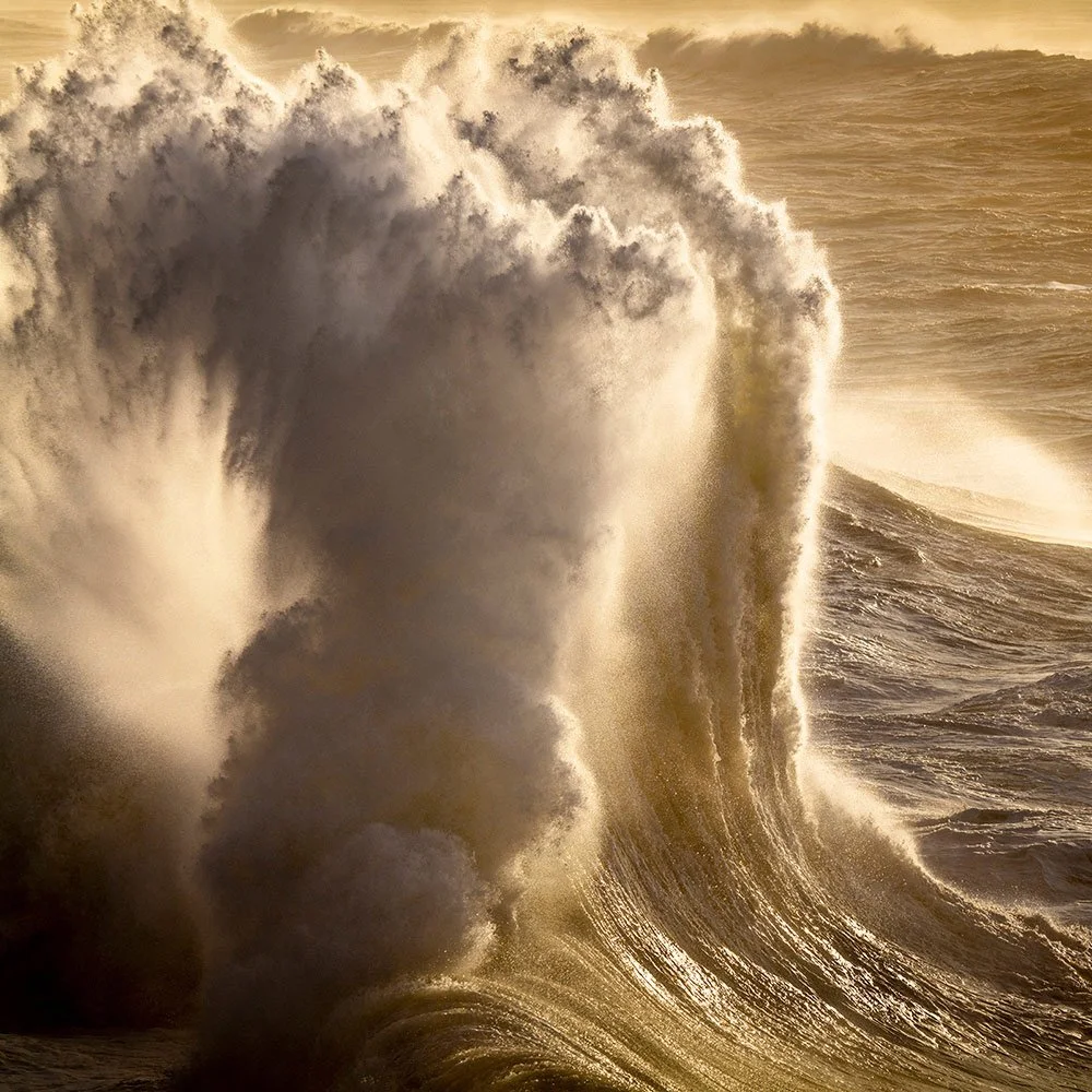 Golden light illuminating rising ocean spray forms and Atlantic swell lines at Nazaré Portugal, warm tones against deep water.