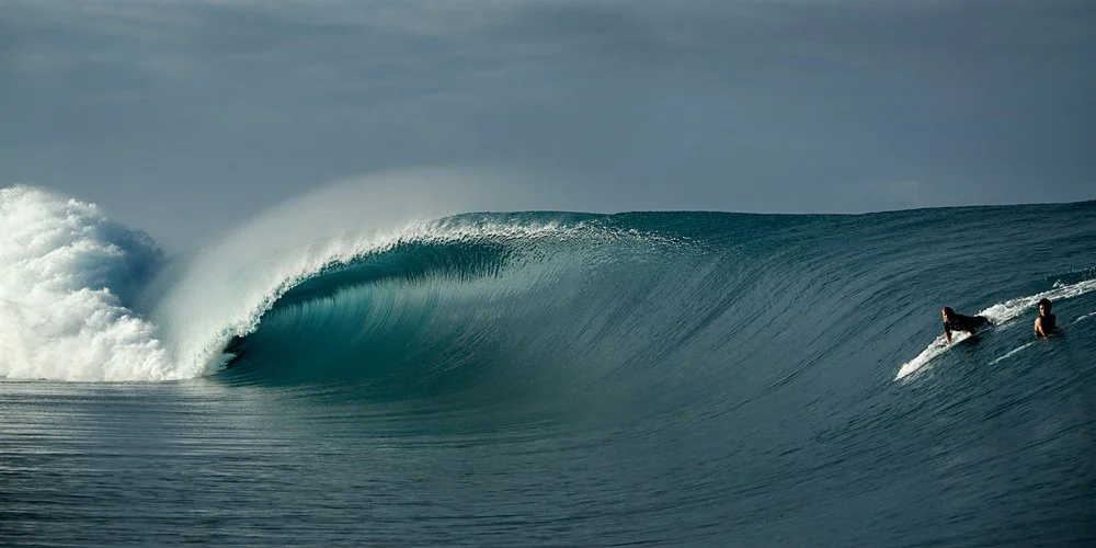 WISH - surf print #57 showing a perfect wave with two surfers at Teahupo'o Tahiti by Ted Grambeau.