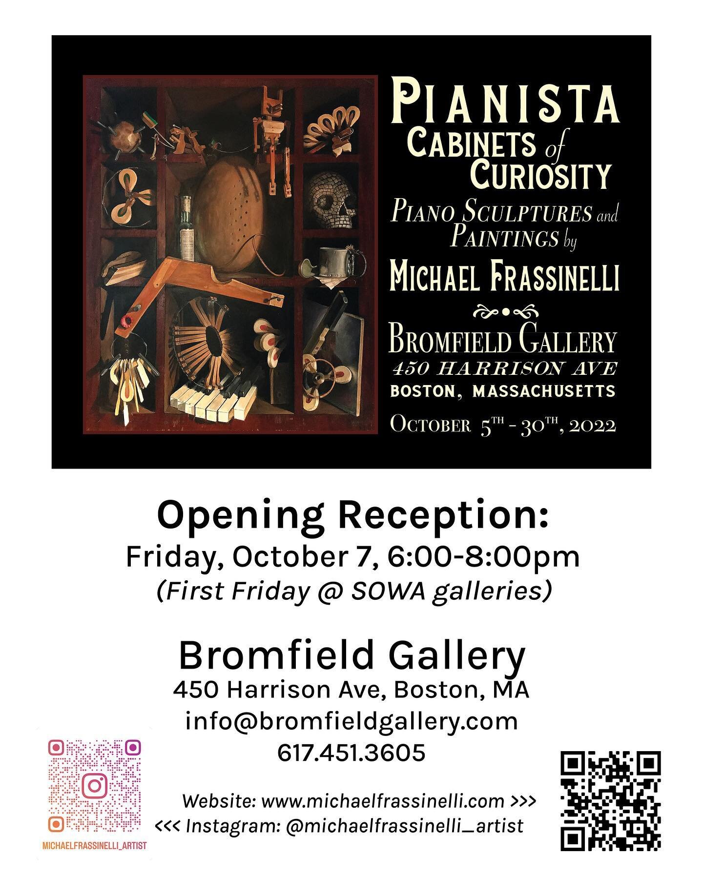 Countdown to Opening Reception @bromfieldgallery in Boston, First Friday, October 7th, 6-8pm, of &ldquo;Pianista Cabinets of Curiosities&rdquo; paintings and piano sculptures from my recent sabbatical, Jan-June 2022,
