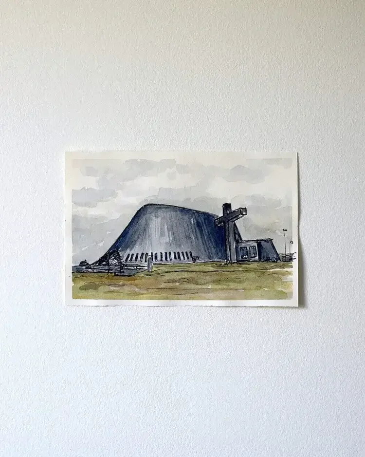 Original Blönduós Church, Iceland Watercolour Painting by Sonia Nicolson