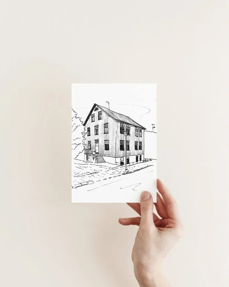Original hand-drawn architectural sketch of a traditional street building in Reykjavík, Iceland by architect Sonia Nicolson.