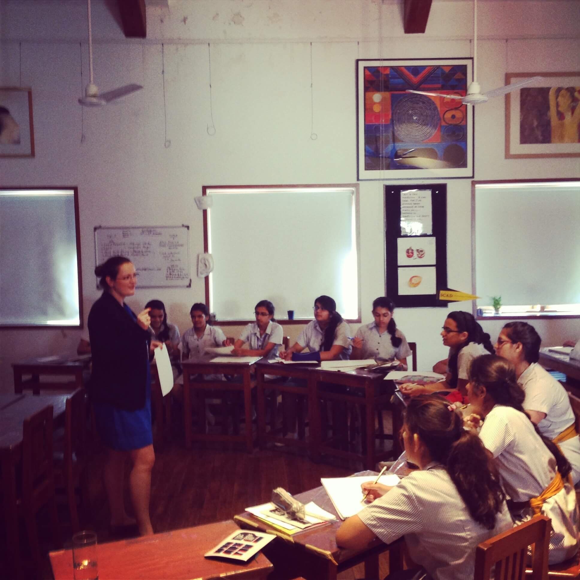 British female architect leads design class at all girls school in India