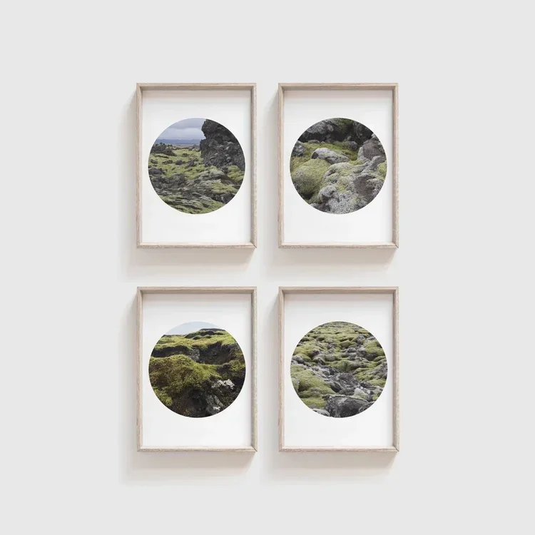 Set of four Iceland moss and lava landscape photography prints in round mounts, styled in light wood frames for a minimalist Scandinavian gallery wall.