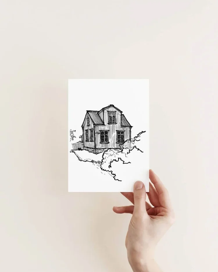 Original hand-drawn architectural sketch of a traditional timber house in Stykkishólmur, Iceland by architect Sonia Nicolson (Reykjavik Sketcher).