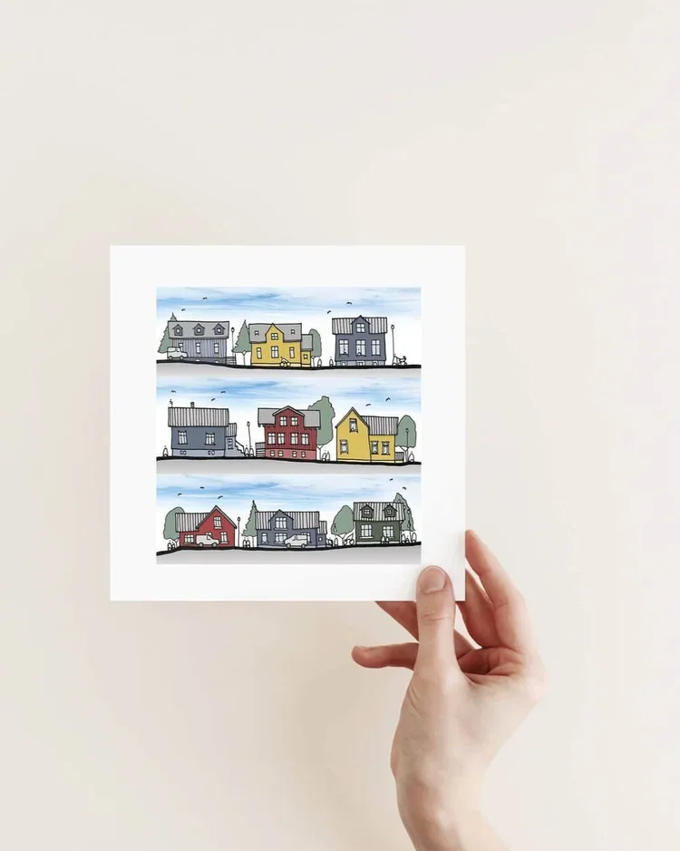 Colourful Reykjavik houses art print by architect Sonia Nicolson featuring a hand drawn Icelandic streetscape illustration.