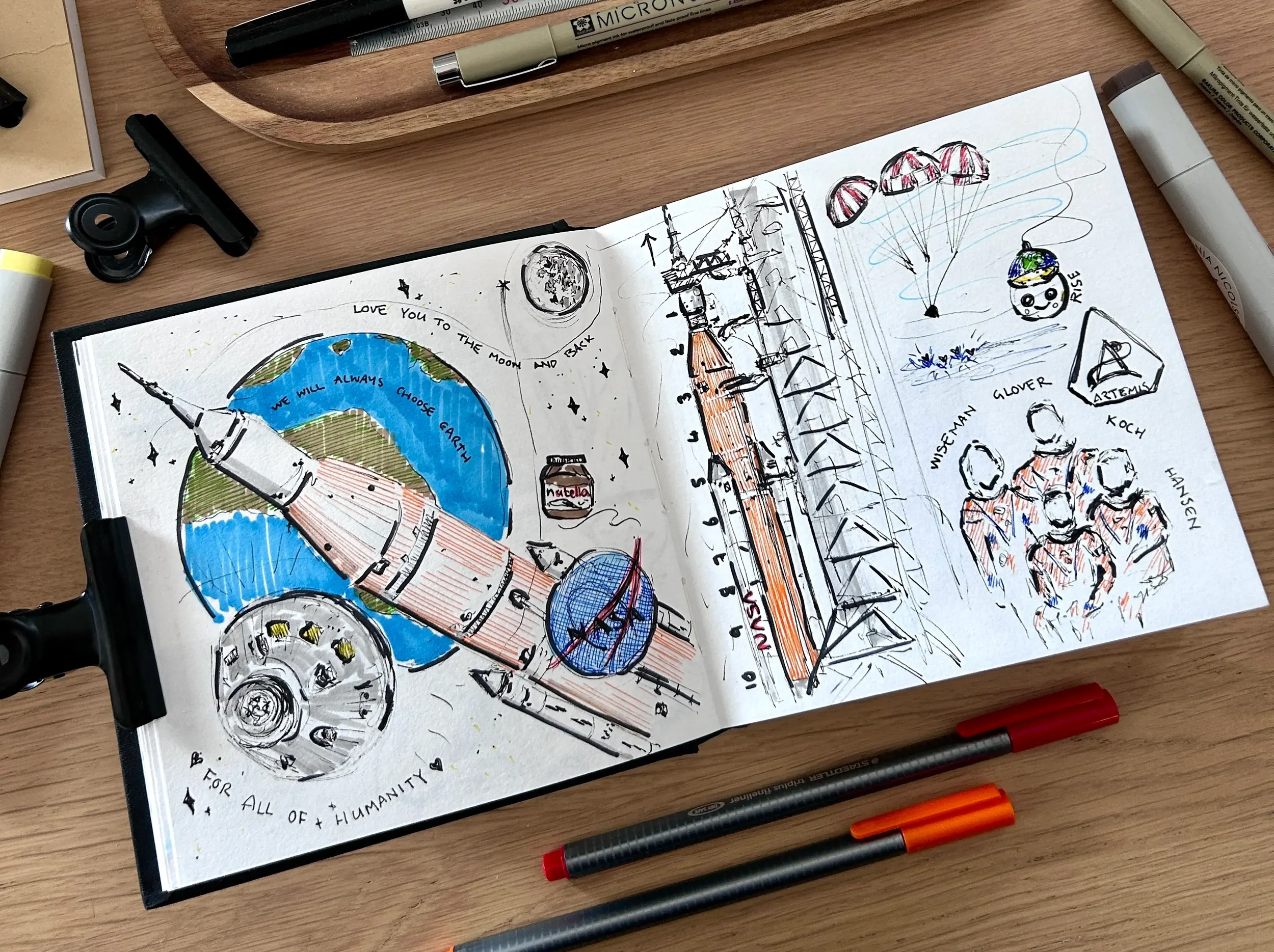 Sketchbook drawings of Artemis II rocket with architectural notes on teamwork, systems, and design thinking