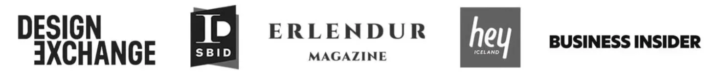 Press features including Design Exchange, SBID, Erlendur Magazine, Hey Iceland and Business Insider